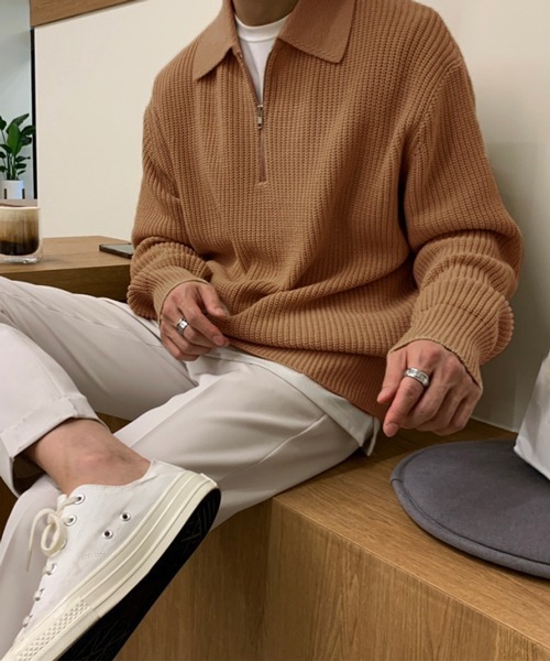 NOWLE（ノウル）の「【NOWLE】ポロネック ハーフジップ リブニット（ニット/セーター・メンズ・ベージュ/ブラック/グレー・MEDIUM/LARGE/X-LARGE）」の19枚目の写真