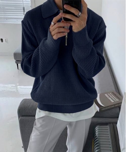 NOWLE(ノウル)の「【NOWLE】ポロネック ハーフジップ リブニット(ニット/セーター・メンズ・ベージュ/ブラック/グレー/ダークブラウン/ネイビー・MEDIUM/LARGE/X-LARGE/SMALL)」の20枚目の写真