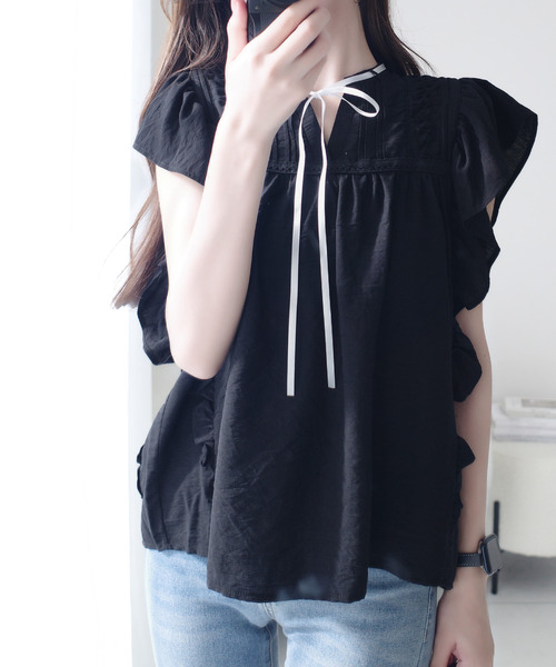 セール】【mily bilet】大人可愛い♪レース使いリボンノースリブラウス