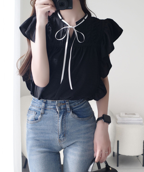 mily bilet(ミウィビレット)の「【mily bilet】大人可愛い♪レース使いリボンノースリブラウス(シャツ/ブラウス・レディース・ブルー/ブラック/ホワイト・X-LARGE/SMALL/MEDIUM/LARGE)」の11枚目の写真