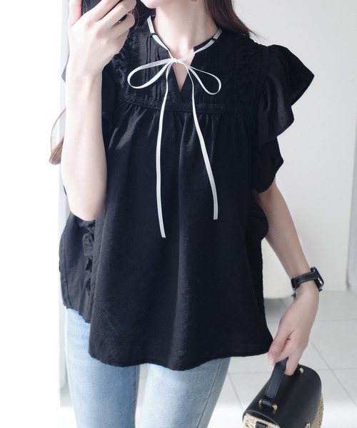 mily bilet(ミウィビレット)の「【mily bilet】大人可愛い♪レース使いリボンノースリブラウス(シャツ/ブラウス・レディース・ブルー/ブラック/ホワイト・X-LARGE/SMALL/MEDIUM/LARGE)」の16枚目の写真