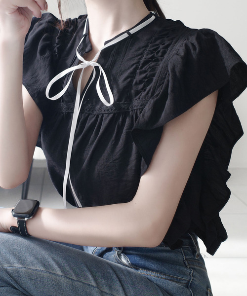 mily bilet(ミウィビレット)の「【mily bilet】大人可愛い♪レース使いリボンノースリブラウス(シャツ/ブラウス・レディース・ブルー/ブラック/ホワイト・X-LARGE/SMALL/MEDIUM/LARGE)」の12枚目の写真