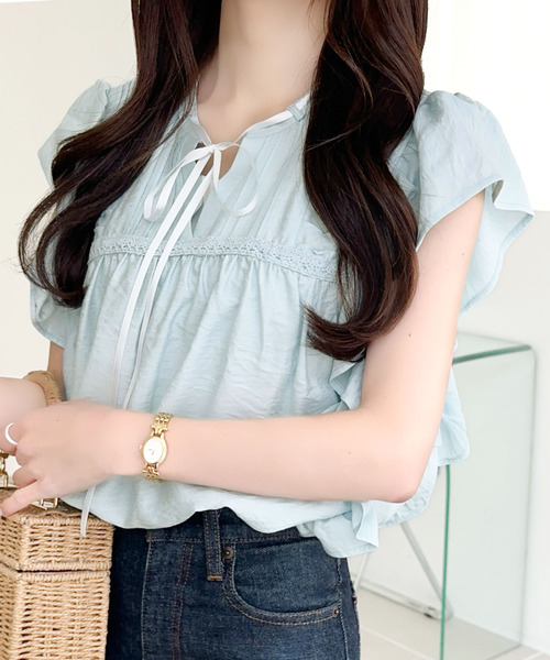 mily bilet(ミウィビレット)の「【mily bilet】大人可愛い♪レース使いリボンノースリブラウス(シャツ/ブラウス・レディース・ブルー/ブラック/ホワイト・X-LARGE/SMALL/MEDIUM/LARGE)」の17枚目の写真