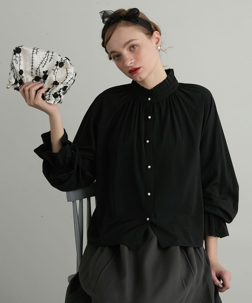 BONLECILL noir】キャンディースリーブフリルネックギャザーブラウス