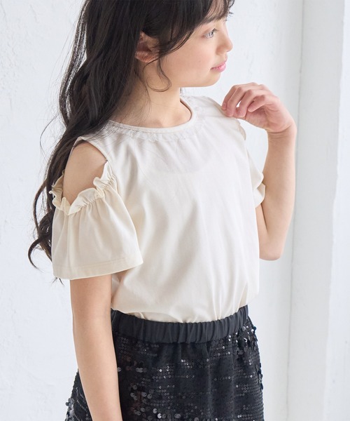 ROPE' PICNIC(ロペピクニック)の「【KIDS/キッズ】肩あきフリルハーフスリーブトップス(Tシャツ/カットソー・キッズ・サックスブルー/オフホワイト/ブラック・L/M/S)」の1枚目の写真