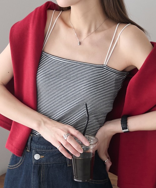 BONLECILL（ボンルシール）の「カップ付きダブルストラップベアキャミソール（キャミソール・レディース・アイボリー/ホワイト×ブラック/ブラック/ブルー/チャコールグレー/グレー/ミント/ベージュ/オレンジ/モカ/ネイビー/ピンク/ブラウン/レッド/ブラウン系1/ブラック系1/グレー系1・S/L/M）」の2枚目の写真