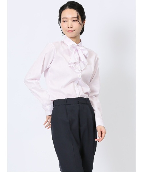 m.f.editorial(エムエフエディトリアル)の「【リボン付 形態安定 UV】m.f.エディトリアル レディース レギュラーカラー ビジネス ドレス 長袖 ブラウス(ビジネスシャツ・レディース・ホワイト/ピンク系その他/サックスブルー・MEDIUM/X-LARGE/S/LARGE)」の1枚目の写真