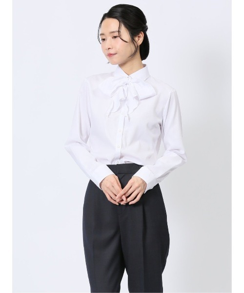 m.f.editorial(エムエフエディトリアル)の「【リボン付 形態安定 UV】m.f.エディトリアル レディース レギュラーカラー ビジネス ドレス 長袖 ブラウス(ビジネスシャツ・レディース・ホワイト/ピンク系その他/サックスブルー・MEDIUM/X-LARGE/S/LARGE)」の2枚目の写真