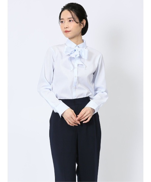 m.f.editorial(エムエフエディトリアル)の「【リボン付 形態安定 UV】m.f.エディトリアル レディース レギュラーカラー ビジネス ドレス 長袖 ブラウス(ビジネスシャツ・レディース・ホワイト/ピンク系その他/サックスブルー・MEDIUM/X-LARGE/S/LARGE)」の3枚目の写真
