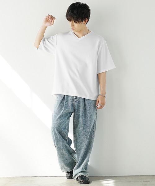 MinoriTY】裾ドローコードルーズVネックインナー半袖Tシャツ