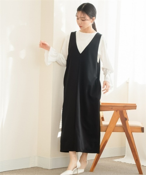 Petitjo（プッチージョ）の「小さいサイズ　深Vジャンパースカート（丈が選べる）　低身長さん・小柄女性（ジャンパースカート・レディース・ブラウン系/ブラック系/ブラウン/ブラック・PSS/PS/PM/PL）」の8枚目の写真