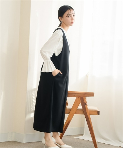 Petitjo（プッチージョ）の「小さいサイズ　深Vジャンパースカート（丈が選べる）　低身長さん・小柄女性（ジャンパースカート・レディース・ブラウン系/ブラック系/ブラウン/ブラック・PSS/PS/PM/PL）」の10枚目の写真