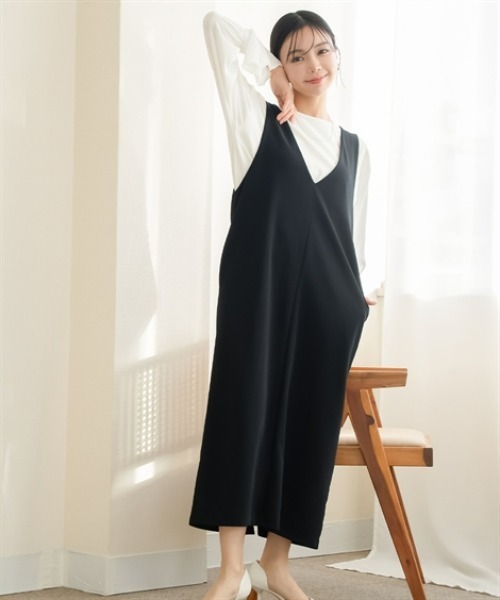 Petitjo（プッチージョ）の「小さいサイズ　深Vジャンパースカート（丈が選べる）　低身長さん・小柄女性（ジャンパースカート・レディース・ブラウン系/ブラック系/ブラウン/ブラック・PSS/PS/PM/PL）」の5枚目の写真