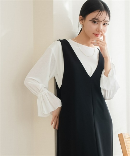 Petitjo（プッチージョ）の「小さいサイズ　深Vジャンパースカート（丈が選べる）　低身長さん・小柄女性（ジャンパースカート・レディース・ブラウン系/ブラック系/ブラウン/ブラック・PSS/PS/PM/PL）」の6枚目の写真