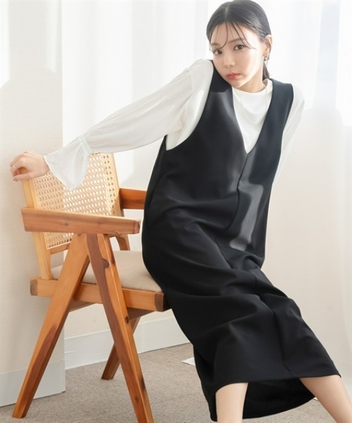 Petitjo（プッチージョ）の「小さいサイズ　深Vジャンパースカート（丈が選べる）　低身長さん・小柄女性（ジャンパースカート・レディース・ブラウン系/ブラック系/ブラウン/ブラック・PSS/PS/PM/PL）」の11枚目の写真