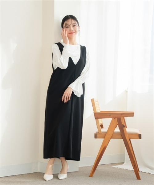 Petitjo（プッチージョ）の「小さいサイズ　深Vジャンパースカート（丈が選べる）　低身長さん・小柄女性（ジャンパースカート・レディース・ブラウン系/ブラック系/ブラウン/ブラック・PSS/PS/PM/PL）」の12枚目の写真