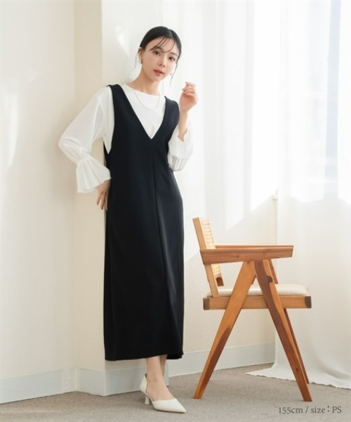 Petitjo（プッチージョ）の「小さいサイズ　深Vジャンパースカート（丈が選べる）　低身長さん・小柄女性（ジャンパースカート・レディース・ブラウン系/ブラック系/ブラウン/ブラック・PSS/PS/PM/PL）」の9枚目の写真