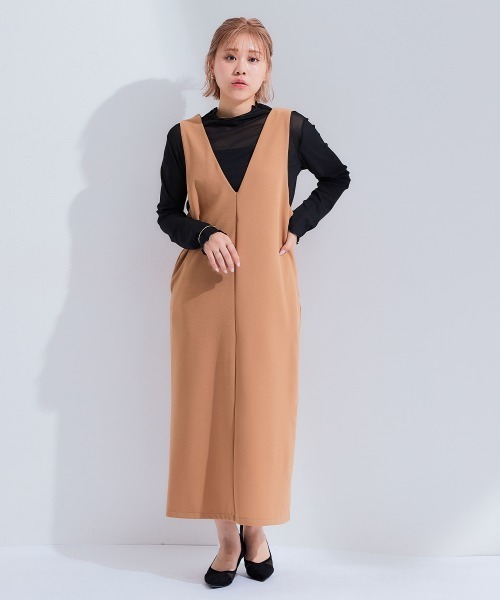 Petitjo（プッチージョ）の「小さいサイズ　深Vジャンパースカート（丈が選べる）　低身長さん・小柄女性（ジャンパースカート・レディース・ブラウン系/ブラック系/ブラウン/ブラック・PSS/PS/PM/PL）」の14枚目の写真