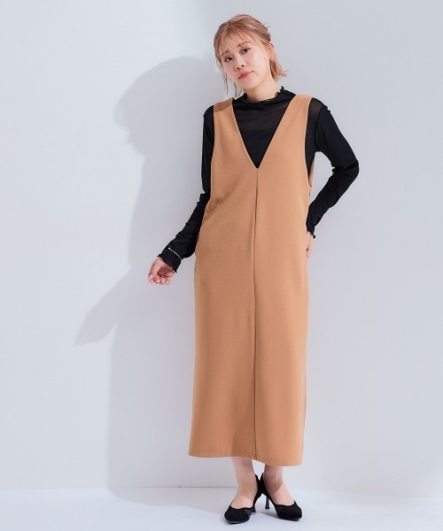 Petitjo（プッチージョ）の「小さいサイズ　深Vジャンパースカート（丈が選べる）　低身長さん・小柄女性（ジャンパースカート・レディース・ブラウン系/ブラック系/ブラウン/ブラック・PSS/PS/PM/PL）」の15枚目の写真