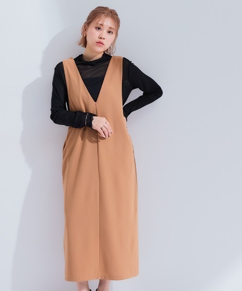 Petitjo（プッチージョ）の「小さいサイズ　深Vジャンパースカート（丈が選べる）　低身長さん・小柄女性（ジャンパースカート・レディース・ブラウン系/ブラック系/ブラウン/ブラック・PSS/PS/PM/PL）」の17枚目の写真