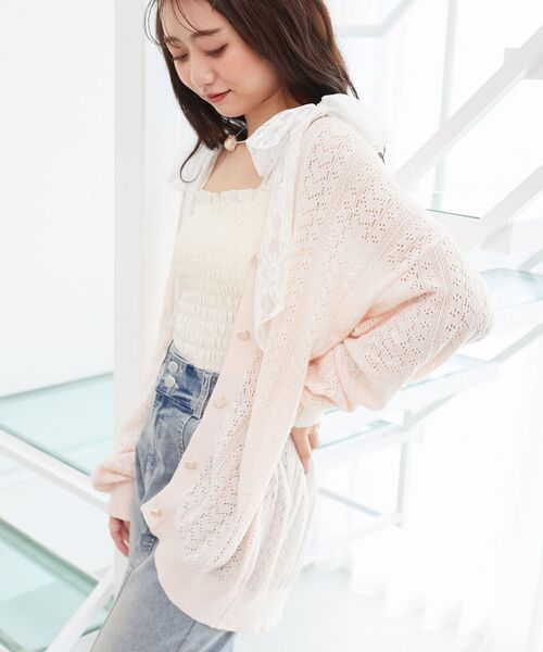 MAJESTIC LEGON（マジェスティックレゴン）の「レースアップスカシ柄ミディカーデ（カーディガン/ボレロ・レディース・オフホワイト/ピンク/ライトグリーン/ブルー/ブラック・MEDIUM）」の22枚目の写真