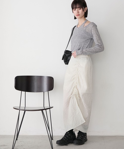 【MONOHA】シルキーシャーリング ロングスカート 3色 サイズ展開あり】シャイニーストレッチナローロングスカート