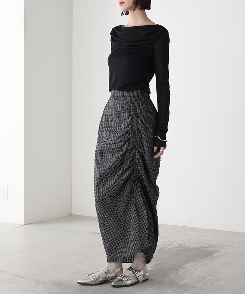 forksy.】シアーチェック シャーリング スリットスカート forksy