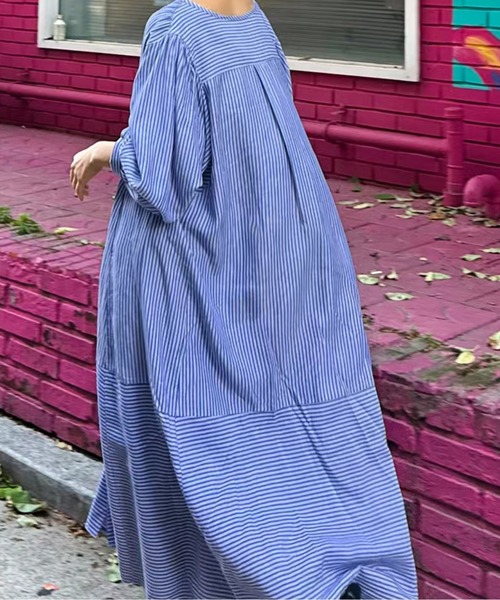 AMAJI(アマジ)の「オーバーサイズストライプノーカラーシャツワンピース(ワンピース・レディース・ブルー/グレー・MEDIUM/LARGE/X-LARGE/XX-LARGE/XXX-LARGE/XXXX-LARGE)」の4枚目の写真