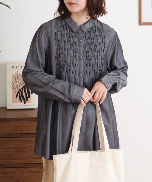 ブローディア BRODIAEA 花柄刺繍シャンブレーシャツ ポケット付き長袖ブラウス （ブラック） ブローディア BRODIAEA 花柄刺繍シャンブレーシャツ ポケット