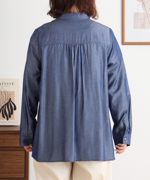 セール】BRODIAEA 光沢デニム風シャンブレーシャツ 丸襟長袖