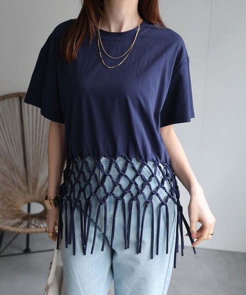 CREARE -LINO-(クレアーレリノ)の「〈レディース商品〉フリンジTシャツ(Tシャツ/カットソー・レディース・ネイビー/ホワイト/ブラック/グレー・FREE)」の6枚目の写真