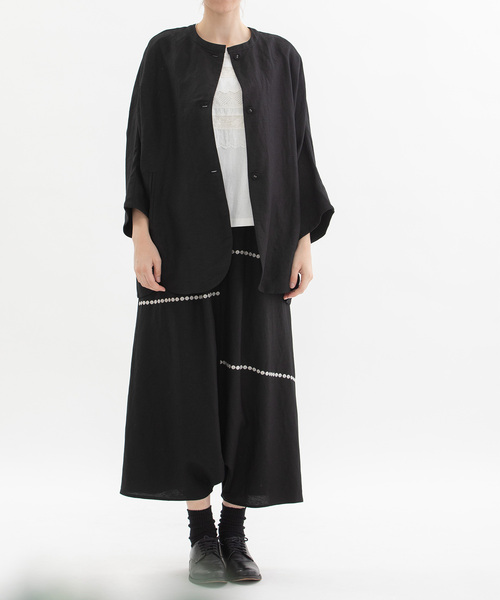美品 ノップドゥノッド nop de nod リネンノーカラージャケットブラック ノップドゥノッド nop de nod リネンコットンノーカラー
