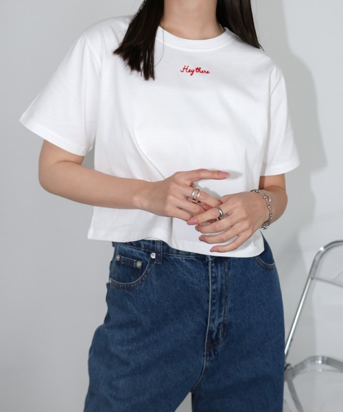 andme（アンドミー）の「ワンポイントエンブロイダリーミニTシャツ（Tシャツ/カットソー・レディース・スミクロ/ベージュ/ミント/ホワイト×ホワイト/ホワイト×レッド・M/L）」の6枚目の写真