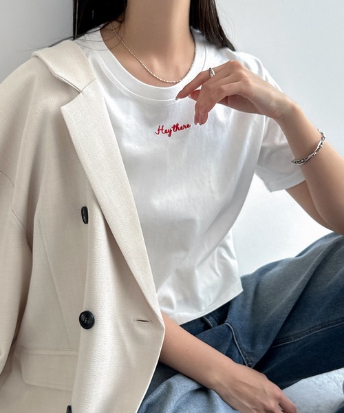 andme（アンドミー）の「ワンポイントエンブロイダリーミニTシャツ（Tシャツ/カットソー・レディース・スミクロ/ベージュ/ミント/ホワイト×ホワイト/ホワイト×レッド・M/L）」の13枚目の写真