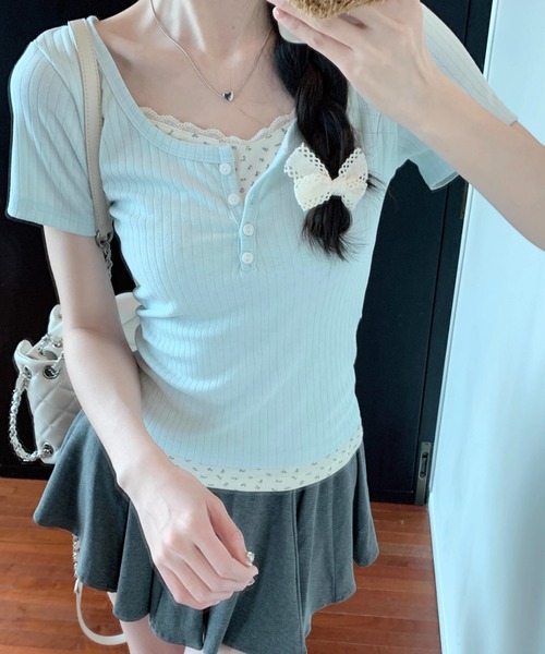 SHEPP(シープ)の「【お気に入り数2300人突破!】レース フェイクレイヤード ヘンリーネック 半袖Tシャツ(Tシャツ/カットソー・レディース・ブルー/アイボリー・M/L)」の9枚目の写真