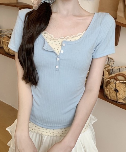 SHEPP(シープ)の「【お気に入り数2300人突破!】レース フェイクレイヤード ヘンリーネック 半袖Tシャツ(Tシャツ/カットソー・レディース・ブルー/アイボリー・M/L)」の13枚目の写真