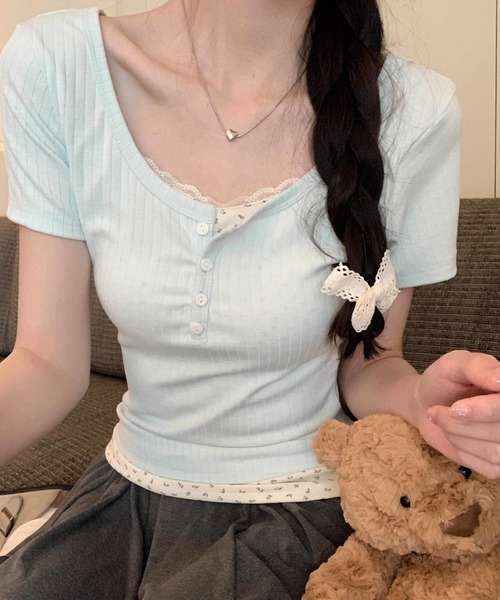 SHEPP(シープ)の「【お気に入り数2300人突破!】レース フェイクレイヤード ヘンリーネック 半袖Tシャツ(Tシャツ/カットソー・レディース・ブルー/アイボリー・M/L)」の10枚目の写真
