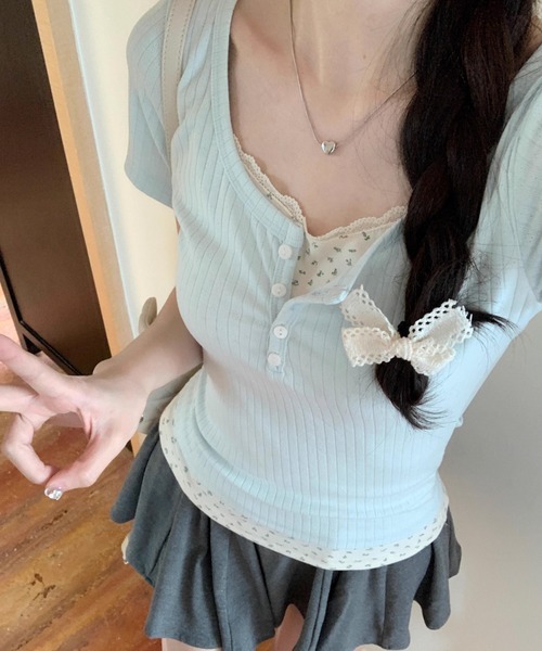 SHEPP(シープ)の「【お気に入り数2300人突破!】レース フェイクレイヤード ヘンリーネック 半袖Tシャツ(Tシャツ/カットソー・レディース・ブルー/アイボリー・M/L)」の11枚目の写真