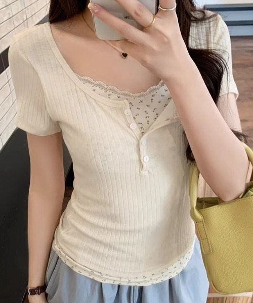 SHEPP(シープ)の「【お気に入り数2300人突破!】レース フェイクレイヤード ヘンリーネック 半袖Tシャツ(Tシャツ/カットソー・レディース・ブルー/アイボリー・M/L)」の4枚目の写真