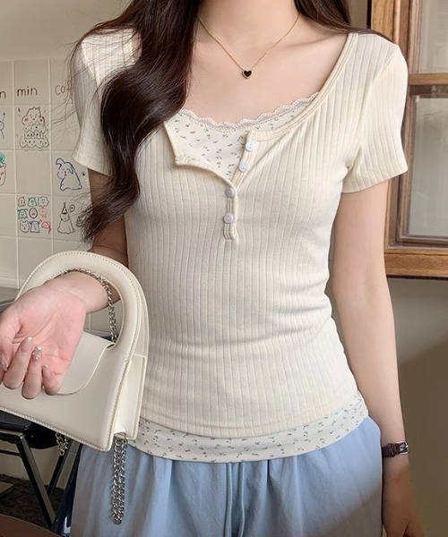 SHEPP(シープ)の「【お気に入り数2300人突破!】レース フェイクレイヤード ヘンリーネック 半袖Tシャツ(Tシャツ/カットソー・レディース・ブルー/アイボリー・M/L)」の5枚目の写真