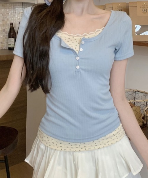 SHEPP(シープ)の「【お気に入り数2300人突破!】レース フェイクレイヤード ヘンリーネック 半袖Tシャツ(Tシャツ/カットソー・レディース・ブルー/アイボリー・M/L)」の14枚目の写真