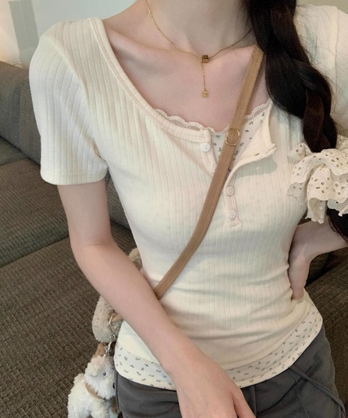 SHEPP(シープ)の「【お気に入り数2300人突破!】レース フェイクレイヤード ヘンリーネック 半袖Tシャツ(Tシャツ/カットソー・レディース・ブルー/アイボリー・M/L)」の6枚目の写真
