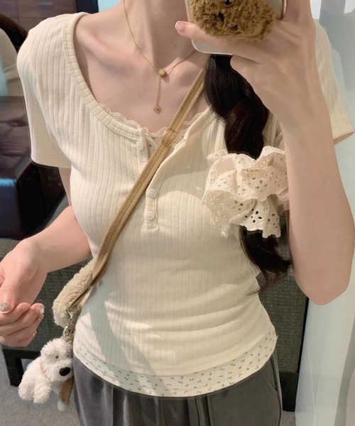SHEPP(シープ)の「【お気に入り数2300人突破!】レース フェイクレイヤード ヘンリーネック 半袖Tシャツ(Tシャツ/カットソー・レディース・ブルー/アイボリー・M/L)」の7枚目の写真