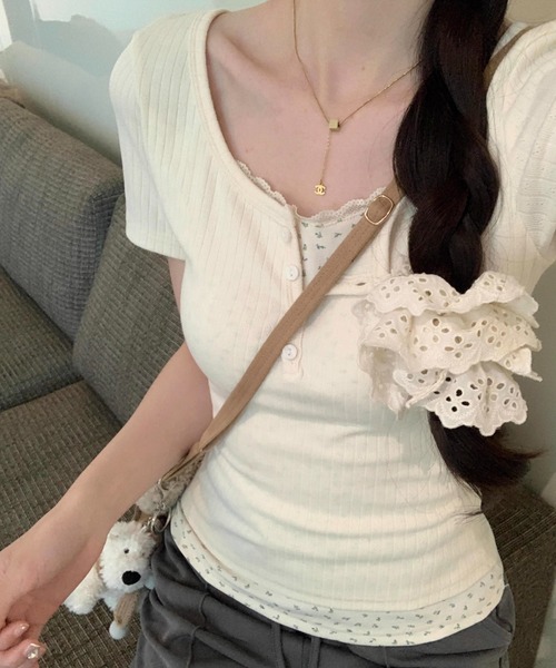SHEPP(シープ)の「【お気に入り数2300人突破!】レース フェイクレイヤード ヘンリーネック 半袖Tシャツ(Tシャツ/カットソー・レディース・ブルー/アイボリー・M/L)」の8枚目の写真