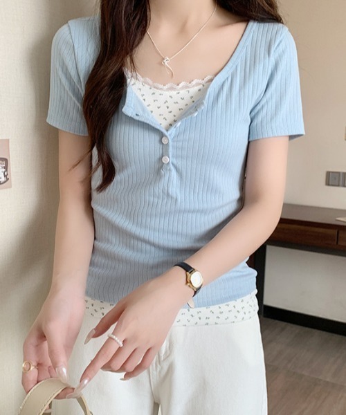 SHEPP(シープ)の「【お気に入り数2300人突破!】レース フェイクレイヤード ヘンリーネック 半袖Tシャツ(Tシャツ/カットソー・レディース・ブルー/アイボリー・M/L)」の15枚目の写真