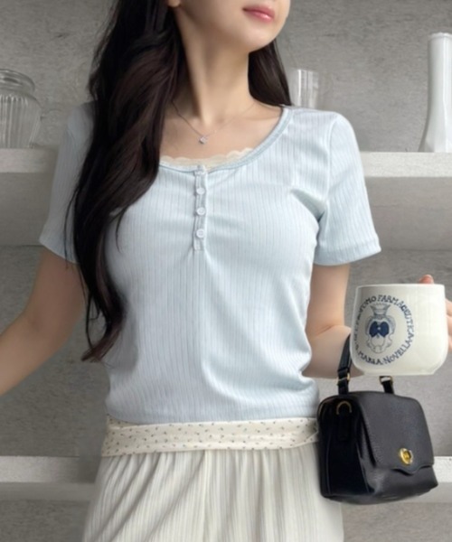 SHEPP(シープ)の「【お気に入り数2300人突破!】レース フェイクレイヤード ヘンリーネック 半袖Tシャツ(Tシャツ/カットソー・レディース・ブルー/アイボリー・M/L)」の16枚目の写真