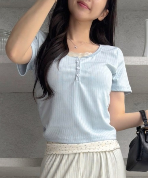 SHEPP(シープ)の「【お気に入り数2300人突破!】レース フェイクレイヤード ヘンリーネック 半袖Tシャツ(Tシャツ/カットソー・レディース・ブルー/アイボリー・M/L)」の17枚目の写真