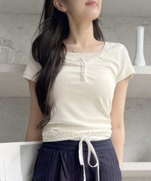 SHEPP(シープ)の「【お気に入り数2300人突破!】レース フェイクレイヤード ヘンリーネック 半袖Tシャツ(Tシャツ/カットソー・レディース・ブルー/アイボリー・M/L)」の21枚目の写真