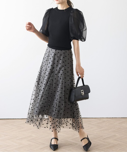 AMELY(エミリー)の「ドット柄チュール ドッキングスカート(スカート・レディース・ブラック/グレー/ネイビー/アイボリー・M/L)」の11枚目の写真