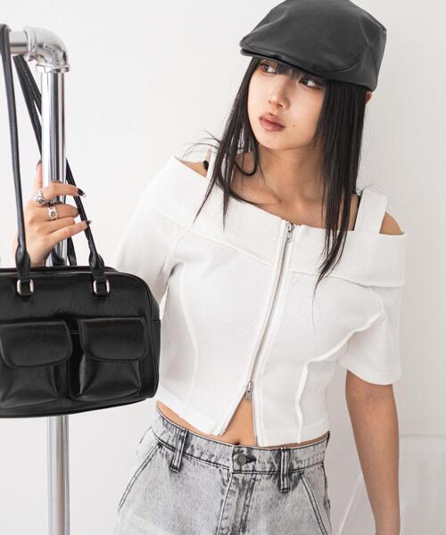 WEGO(ウィゴー)の「WEGO/オフショルWジップトップス(Tシャツ/カットソー・レディース・スミクロ/ホワイト・FREE)」の1枚目の写真